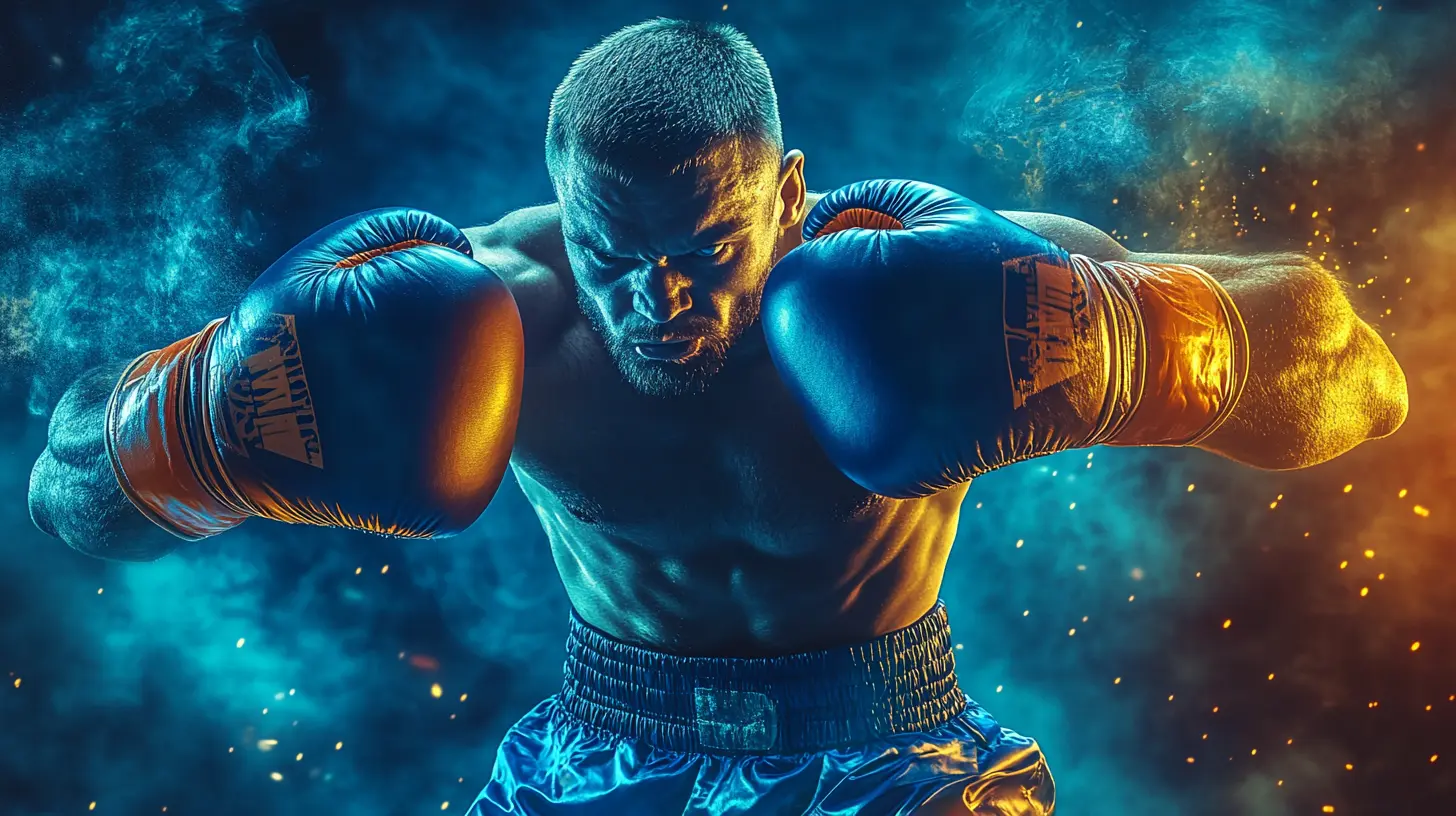 Boxeador en guardia con los guantes en alto